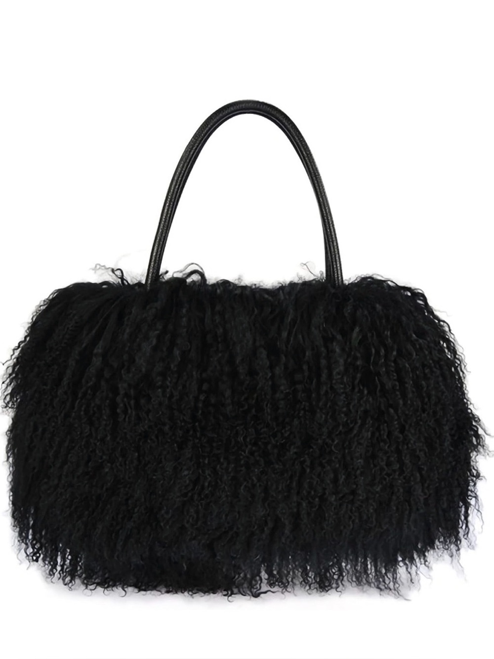 Genuine Mongolian Lamb Fur Handbag Black Curly Shearling and Leather